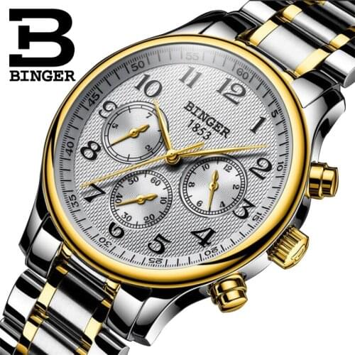 Switzerland BINGER Mechanical Watches Mens Top Brand Luxury Stainless Steel Six needles Three Small Dials Automatic Watch Mens