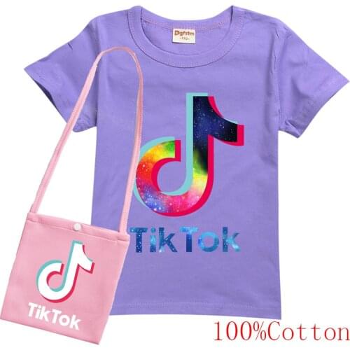 TIK TOK Girls Children Summer Cartoon Cotton T Shirt +bag Kids Baby Print T-shirt Tees Tops Casual Clothes