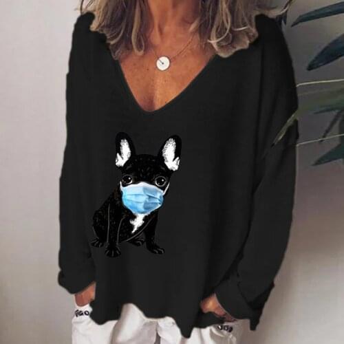 Womens T-Shirts Fashion Long Sleeve Loose V-neck Dog Printing Casual T-shirt Tops Autumn Pullover Top Female Home Basic Tee Top