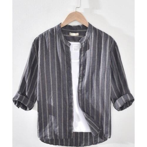 Quality Striped 100% Linen Shirt Men Summer Thin Breathable Three-Quarter Sleeve Flax Dress Shirts Camisa Masculina TS-619