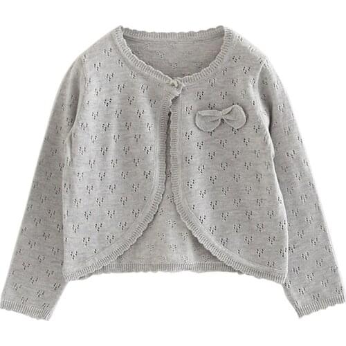 Plain Gray Sweet Girls Cardigan Kids Jacket Cotton Bow Pink Soft Children Coat 1 2 3 4 5 6 7 8 Years Kids Clothes 205018
