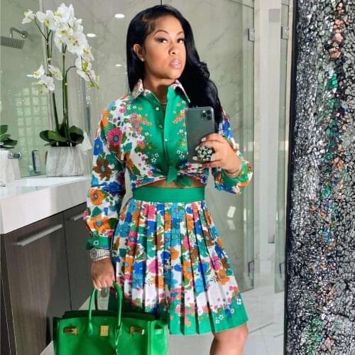 2 Pieces Set Sexy Fashion Women Set 2021 Spring Autumn Female Tops Floral Print Long Sleeve Shirt Elastic Waist Mini Skirts