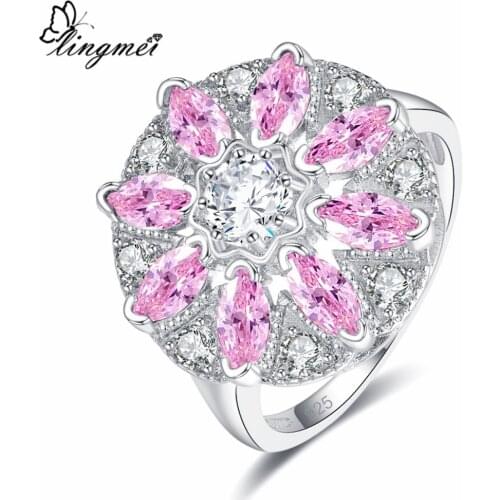 Lingmei Wedding Round & Marquise Cut Yellow & White & Pink Cubic Zircon Fashion Jewelry Silver Ring Size 6 7 8 9 Valentines Day