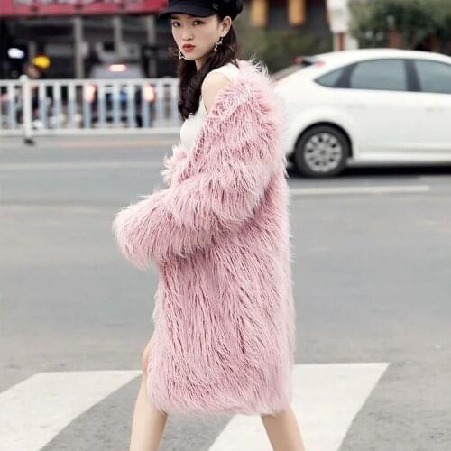New Autumn Winter Coat Long Faux Fur Jackets Women Slim Warm V-Neck Clothing Faux Lamb Wool Plush Coat Female Outerwear