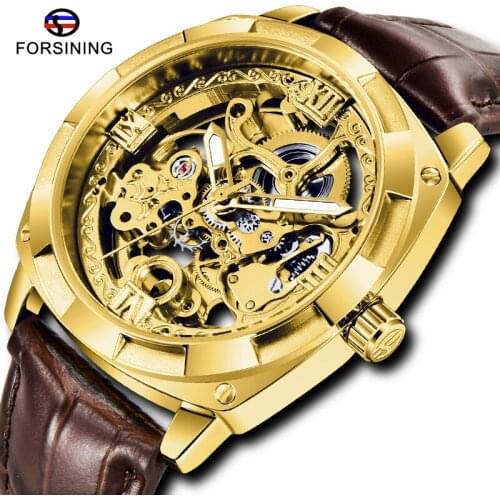 Fashion Forsining Royal Golden Transparent Skeleton Brown Leather Belt Mens Watch Top Brand Luxury Mechanical Men Watch
