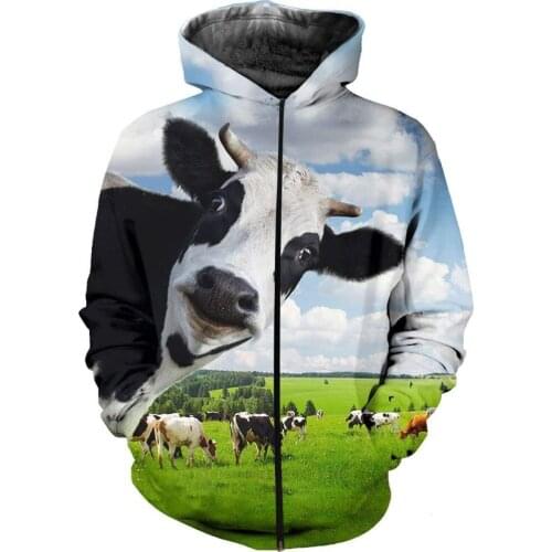 2021 New Fashion Mens Hoodies 3D Print All Over Printed Animal Cows Zipper Hoodie Harajuku Streetwear Sudadera Hombre