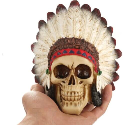 New Resin Indian Tribal Skull Statue With Feather Sculpture Home Office Desk Decorative Ornament Birthday Gift Halloween Party