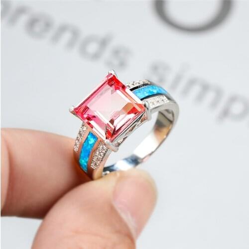 Charm Blue Opal Engagement Ring Luxury Female Rainbow Crystal Big Ring Dainty Square Zircon Silver Color Rings For Women Wedding