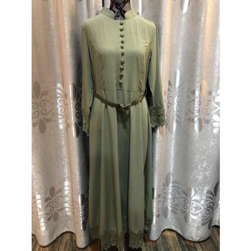 Ramadan Single breasted lace Muslim robe dress female full length islamic abaya prayer service clothing with belt wq1714 factory
