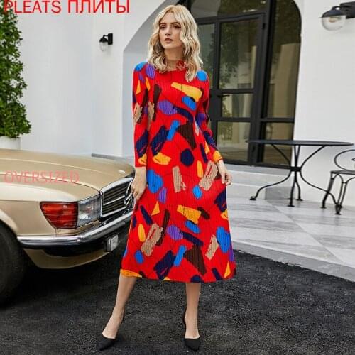 New French Print Geometric A-line Dress Medium Length Slim Pleated Loose Style Dress MIYAKE Pleats Vestido De Mujer Robes Robe