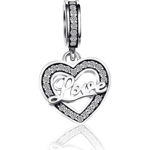 925 Sterling Silver Love in Heart Pendant Charm with Clear CZ Fit Original Pandora Charms Bracelet Bangle Jewelry Making