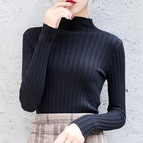 Pullovers Ribbed Knitted Sweater Autumn Winter Clothes Women 2021 Half High Collar Long Sleeve Slim Basic Woman Sweaters Tops