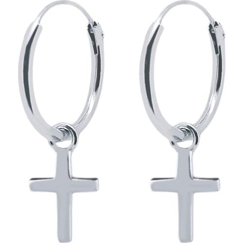 925 sterling silver earrings, silver hoop for men and women, hoop earrings with Mini cross pendant