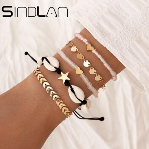 Sindlan 5Pcs Boho Beaded Chain Gold Bracelets Set for Women Charm Natural Shell Black Rope Chain Female Fashion Wrist Jewelry
