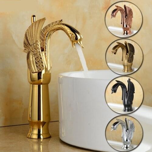 Basin Faucets New Tall Short Swan Faucet Arch Design Luxury Wash Mixer Taps Brass Hot And Cold Taps Gold Plated Single Hole Tap