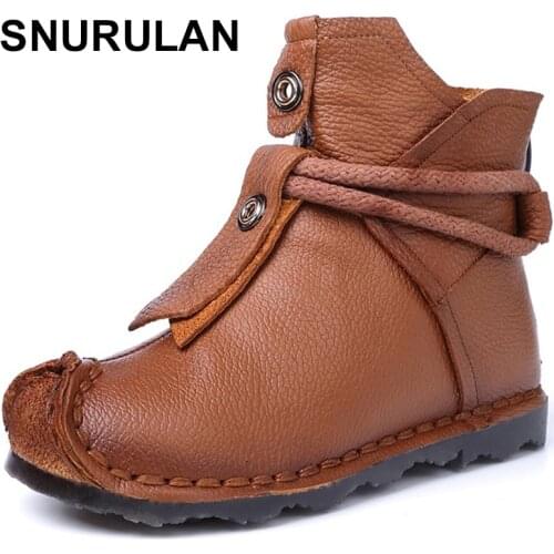 SNURULANGenuine Leather Women Boots Lady Handmade Soft Ankle Boot Women comfortable shoes Woman national style short bootE634