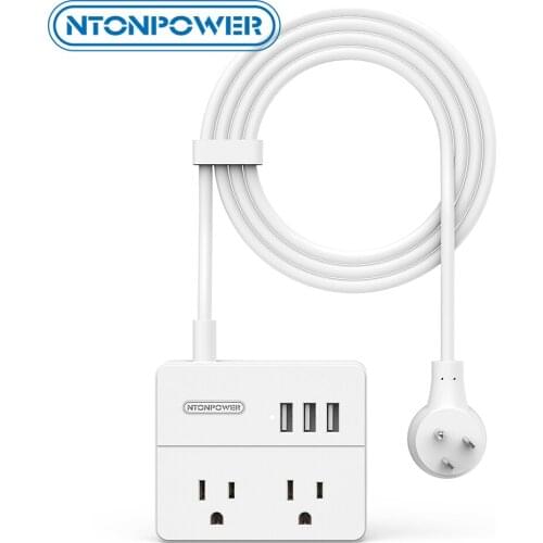 NTONPOWER Travel US Power Strip White Small Portable With 10FT Universal USB Socket For Office Cruise Ships Business Trip Hotels