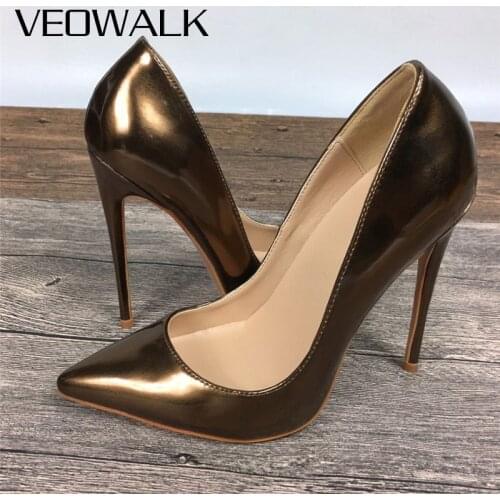 Veowalk Women Solid Glossy Brown Patent Pointed Toe Stiletto Pumps Elegant Ladies Chic Extremely High Heels Large Size 33-45