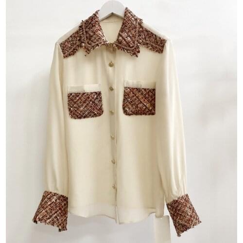 JSXDHK Runway Designer New Spring Office Ladies Blouses Elegant Women Chiffon Patchwork Tweed Diamonds Beading Button Shirt Tops