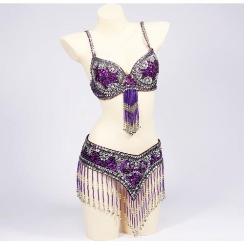 Women Oriental Style Sequins Beaded Bra and Belt 2pcs Rhinestones Belly Dance Costume Set