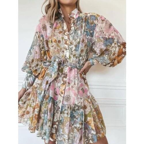 2021 Bohemian Fashion Floral Print Belt Buttoned Mini Dress Women