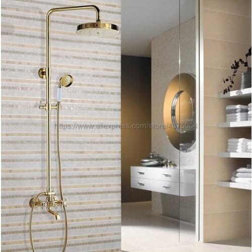 Gold Color Brass Bathroom Shower Faucets Set Dual Handles Wall Mounted Bath Shower Mixers with Swivel Tub Spout Ngf355