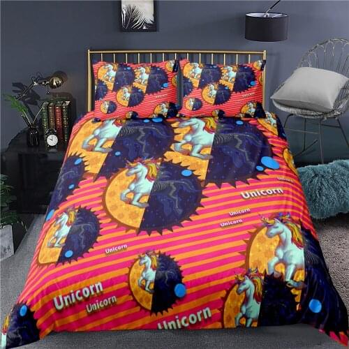 3D Digital Printing Unicorn Bedding Cartoon Duvet Cover Set Red Yellow Stripe Background Four Seasons Available
