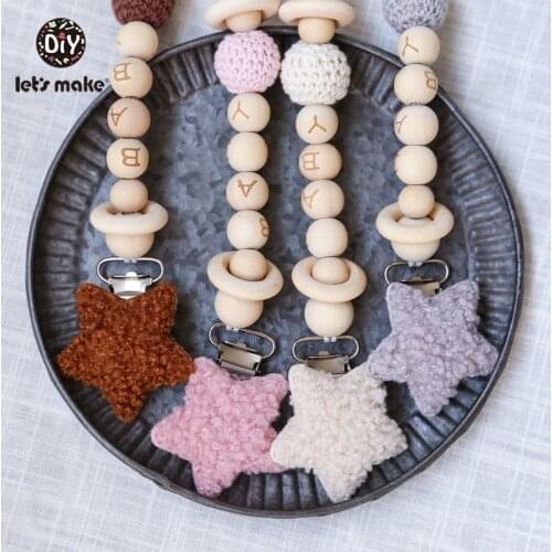 Lets Make 4pc/set Wooden Beads Letter Customize Name Baby Pacifier Clips Hairy Wood Ring Pacifier Holder Teether Toys Pacifier