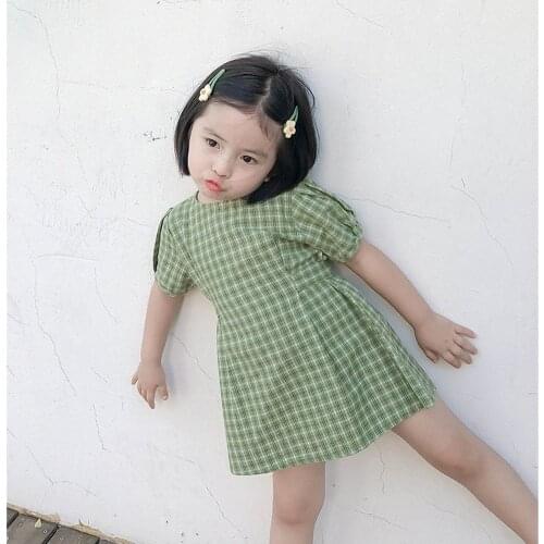 Childrens clothing 2021 summer new foreign style Korean cute girl small fresh green plaid cotton baby girl dress