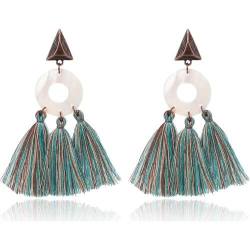 HC Colorful Long Tassel Bohemian Earrings Fashion Triangle Round Drop Statement Earrings Vintage Hollowed Boho Dangle Earrings F