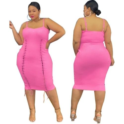 Summer Dresses for Women Plus Size 4XL 5XL Lace Up Hollow Out Backless Sexy Pink Dress Bodycon Wholesale Dropshipping