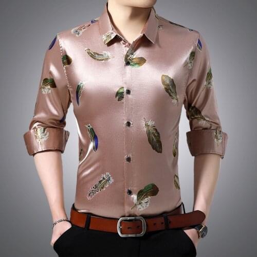 Men Silk Clothes New Fashion Printng Satin Male Dress Shirt Long Sleeve