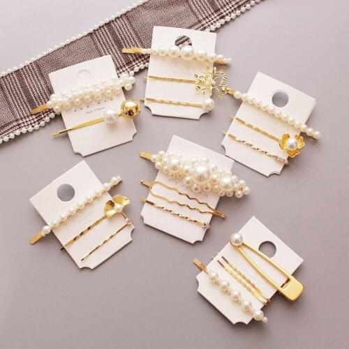Fashion Imitiation Pearl Golden Metal Hairpin Barrette Set Women Girls Geometric Hair Clips Hair Styling Accessories Headwear