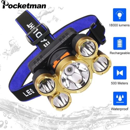 5 Led Headlamp 500m Long Range Headlight USB Rechargeable Head Lamp Head Torch Lanterna Camping Fishing Built in 18650 Battery