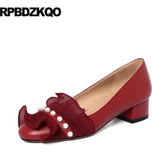 Low Heels Pumps Beaded Wedding Shoes Size 10 Ladies Pearl Prom Wine Red Chunky 33 Plus Round Toe High Genuine Leather Bridesmaid