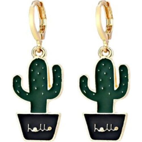New Geometric Green Cactus Clip Earrings Creative Fashion Simple Alloy Plant Dripping Oil Earrings for Women Jewelry Accessories