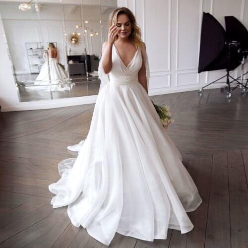 Charming Deep V-neck Backless Wedding Gowns Robe de Mariage Custom-made Simple White Ivory Bridal Dress