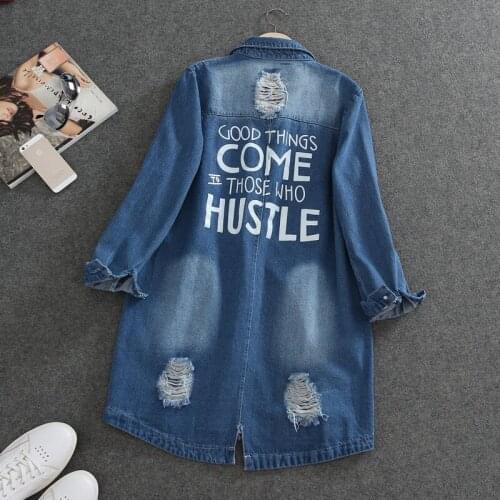 2021 Autumn Plus Size S-9XL Women Letter Print Mid-length Harajuku Washed Blue Hole Denim Jacket Loose Casual Jean Jacket Female