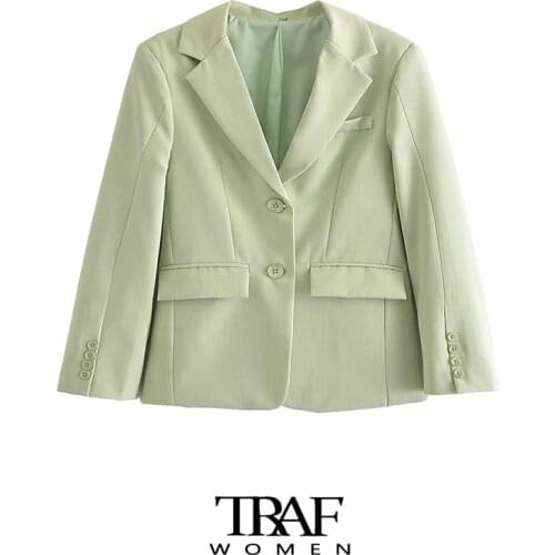 TRAF Za Women Fashion Single Breasted Office Wear Blazer Coat Vintage Long Sleeve Flap Pockets Female Outerwear Chic Veste