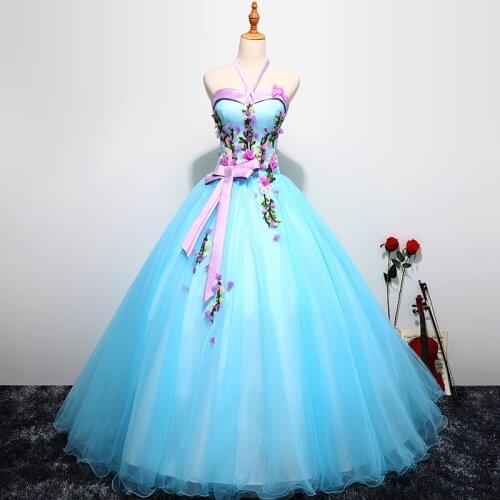 Quinceanera Dresses New Pink Blue Color Tulle With Flowers Halter Applique Vestidos De 15 Anos Sweet 16 Dresses Prom Dresses