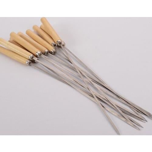 2PCs Wooden Handle Stainless Steel Barbecue Skewers BBQ Flat Needle Stick Shish Kebab Cooking Grilling Picnic 33.5cm BBQ Tools