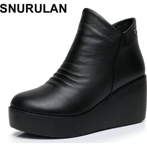 SNURULAN 2018 New Autumn Winter Women Shoes Woman Genuine Leather Wedges Snow Boots Height Increasing Ankle Women Boots E044