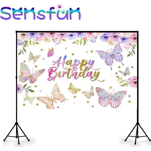 Baby Girl Birthday Party Decor Banner Photo Background Flower Butterfly Photography Backdrop Photocall Vinyl