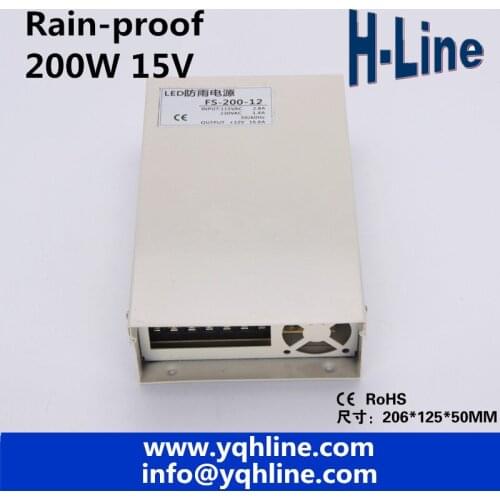 Rain-Proof LED switch power supply Output DC15V 13A 200W power adapter AC DC LED switch power supply LED driver (FS-200-15)
