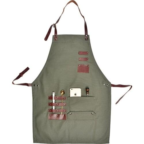 Waxed Canvas Tool Apron Top Quality Genuine Leather Webbing Apron Water Oil Resistant Catering Painter Gardener Work Uniform