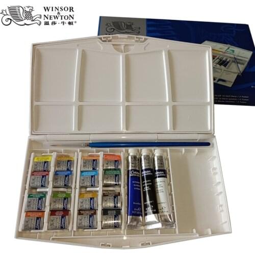 Winsor&Newton Watercolor Pigment Water Color Paints 16 Colors Solid half pans +3 Tubes + 1 Paint Brush