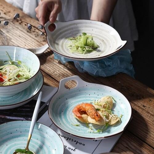 Japanese Ceramic Food Dish Plate Serving Platter Household Pottery Round/Double Ear Dish Salad Pasta Platter Dish Dinnerware