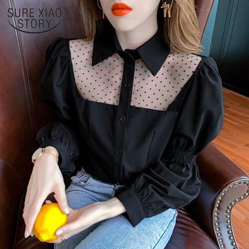 Sexy 2021 Autumn New Lace Gauze Turn Down Collar Black Blouse Korean Long Sleeve Shirt for Women Elegant Chic Female Blusa 15882