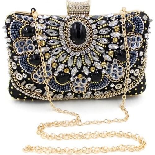 20.5x12CM Retro Beaded And Diamond Dinner Bag Womens Banquet Clutch Bag Black Jewel Bag Handmade Embroidery a6809