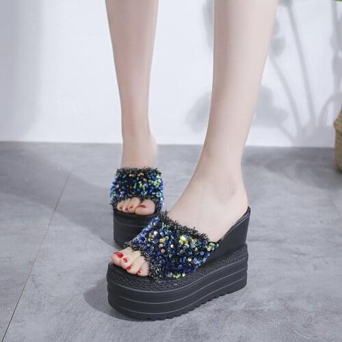 2021 Summer New Womens Shoes High Heel Platform Slippers Womens Platform Wedge Rhinestone Sandals
